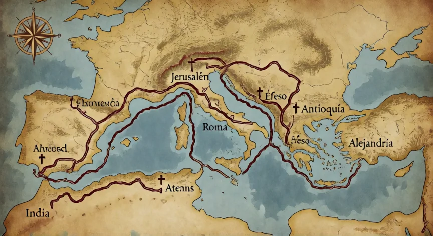 que hicieron los 12 apostoles despues de la muerte de jesus, Mapa del Imperio Romano con las rutas de misión de los apóstoles desde Jerusalén hacia las grandes ciudades.
