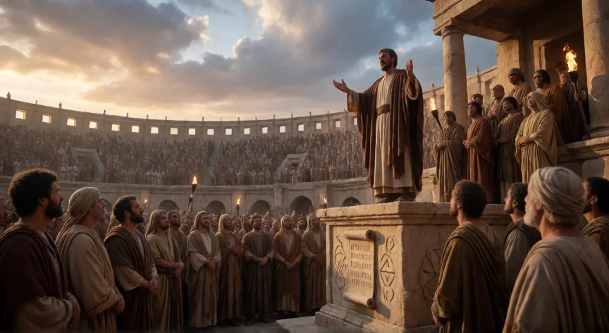 que hicieron los 12 discípulos de jesús, Un apóstol predicando ante una multitud en una ciudad romana del primer siglo