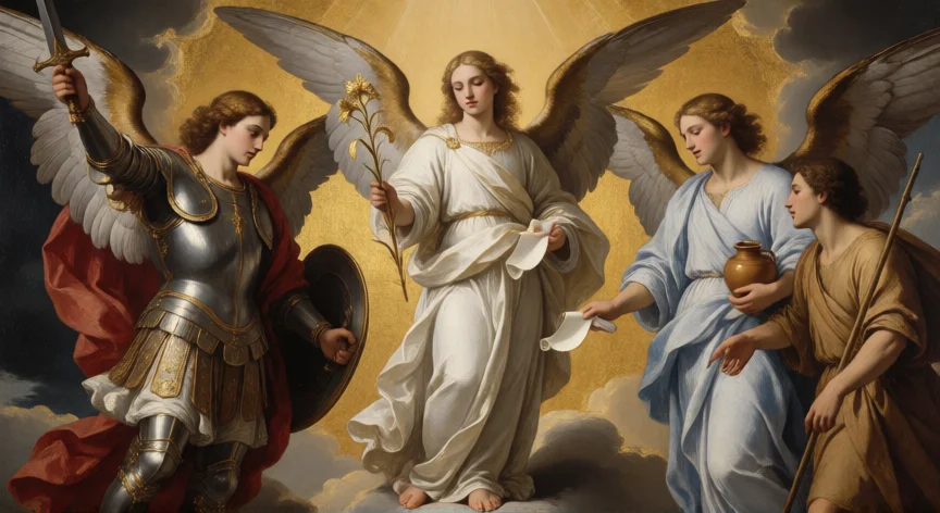 que hicieron los 3 arcangeles, Pintura al óleo de los tres arcángeles Miguel, Gabriel y Rafael en composición triangular con aureola dorada