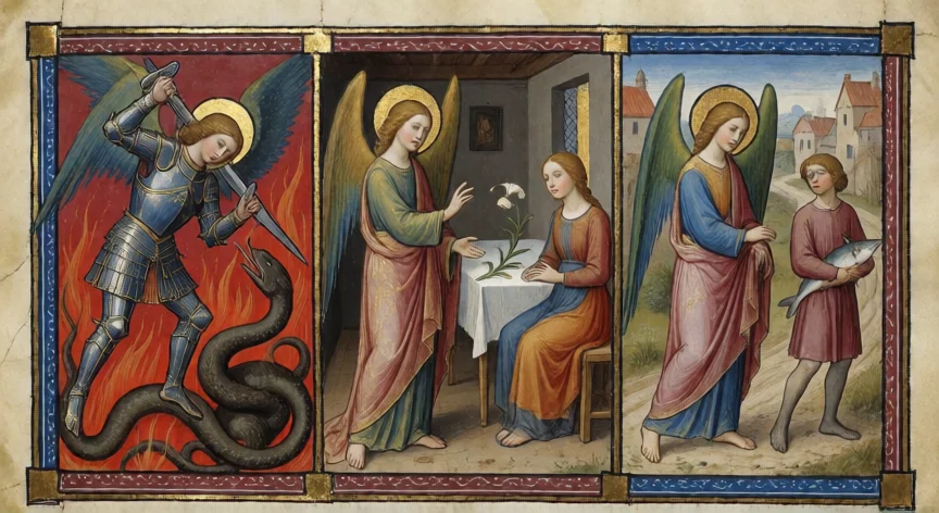 que hicieron los 3 arcangeles, Manuscrito medieval iluminado con tres viñetas de las hazañas de Miguel, Gabriel y Rafael