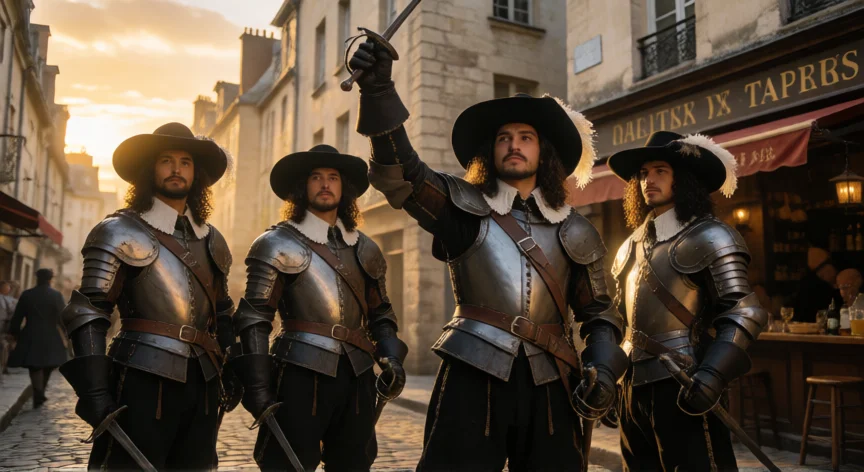 Los tres mosqueteros y d'Artagnan en una calle de París del siglo XVII con espadas desenvainadas
