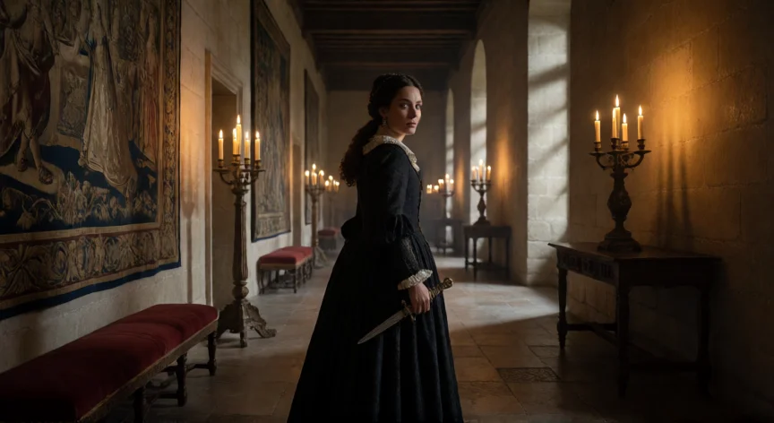 que hicieron los 3 mosqueteros, Milady de Winter en un pasillo del palacio francés con expresión misteriosa y peligrosa