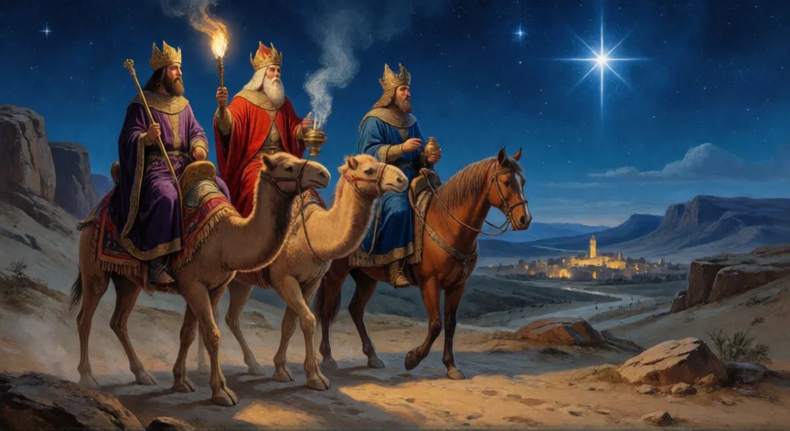 que hicieron los 3 reyes magos, Los Tres Reyes Magos de camino hacia Belén siguiendo la estrella