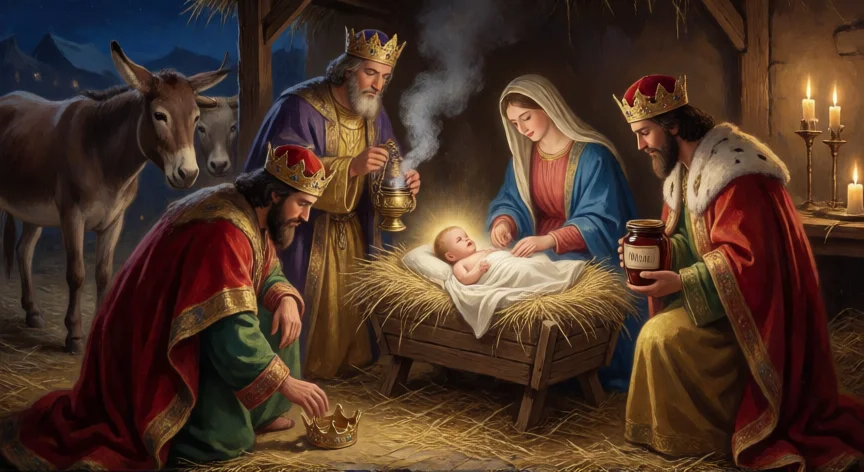 que hicieron los 3 reyes magos, Los Reyes Magos adorando al Niño Jesús y presentando sus regalos en el pesebre
