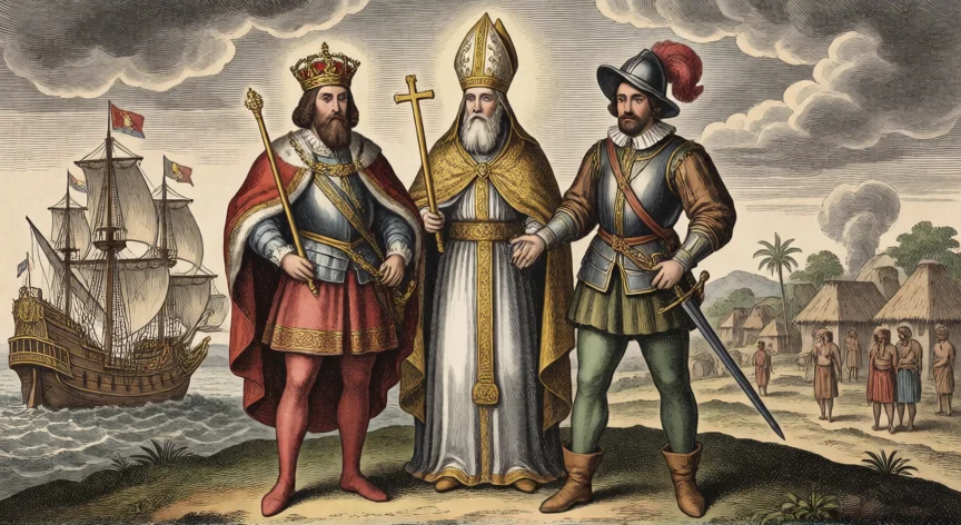 que hicieron los 3 socios de la conquista, Ilustración histórica de los tres socios de la conquista: Corona, Iglesia y conquistador
