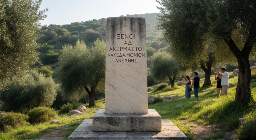 que hicieron los 300 espartanos, Monumento conmemorativo de las Termópilas con inscripción en griego antiguo