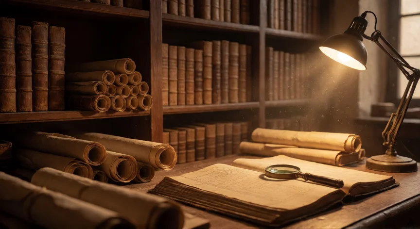 que hicieron los 33 orientales, Archivo histórico con documentos antiguos y libros en estanterías de madera