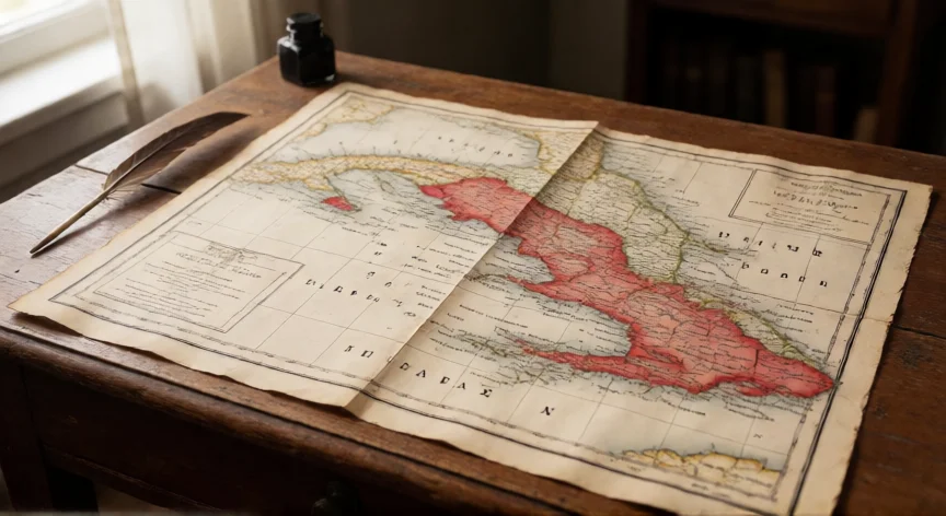 que hicieron los 33 orientales, Mapa antiguo de Cuba con la región oriental marcada sobre un escritorio de madera