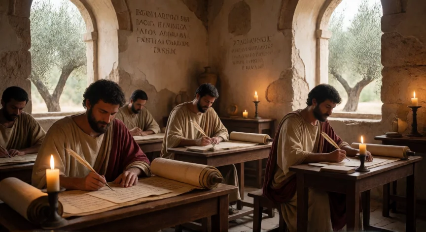 que hicieron los 4 evangelistas, Cuatro evangelistas escribiendo los evangelios en un scriptorium antiguo con velas y pergamino