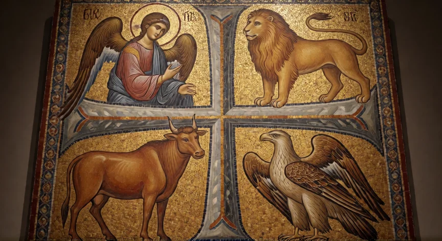 que hicieron los 4 evangelistas, Icono bizantino con los cuatro símbolos de los evangelistas sobre fondo dorado con mosaico