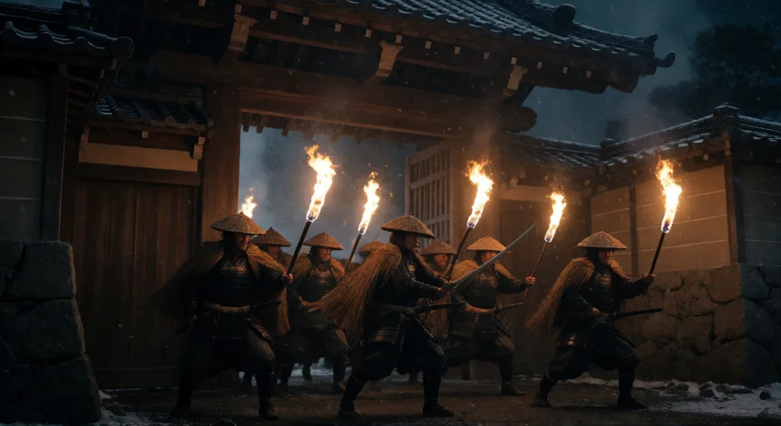 que hicieron los 47 ronin, Los 47 ronin asaltando la residencia de Kira en la nieve bajo antorchas