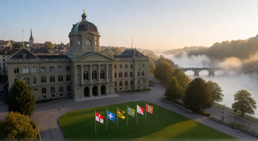 que hicieron los 6 de la suiza, Palacio Federal de Berna con banderas de cantones suizos en primer plano