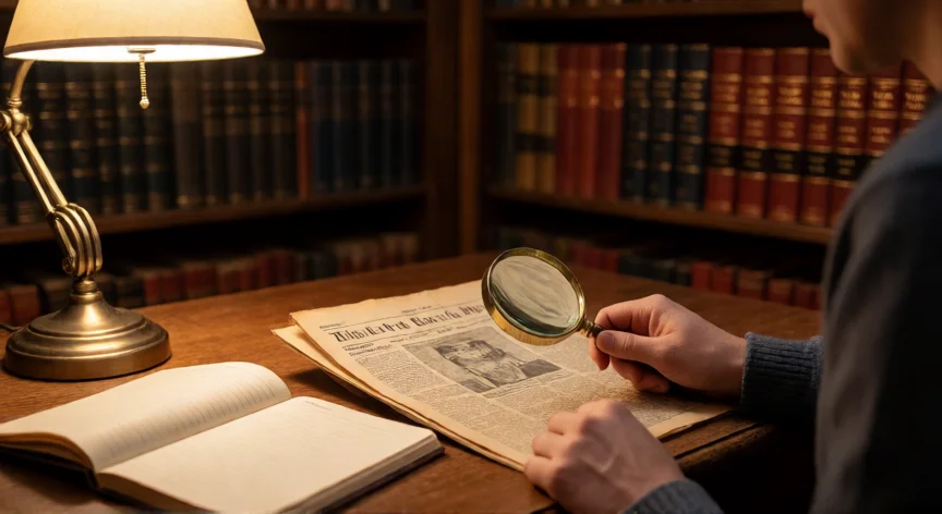 que hicieron los 6 de la suiza, Persona investigando en una biblioteca con periódico antiguo y lupa