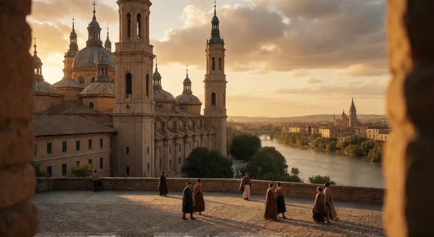 que hicieron los 6 de zaragoza, Vista de la Basílica del Pilar en Zaragoza con luz dorada, evocando la época de los Sitios de 1808