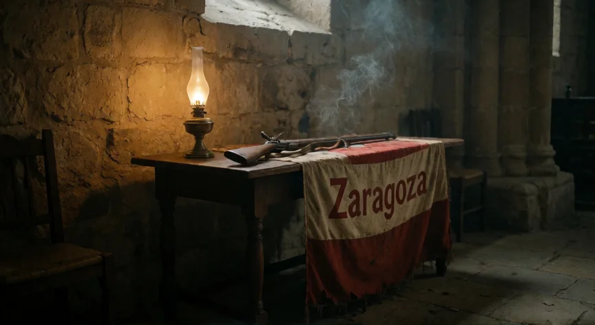 que hicieron los 6 de zaragoza, Interior de iglesia histórica con armas y bandera de Zaragoza, evocando la resistencia de 1808