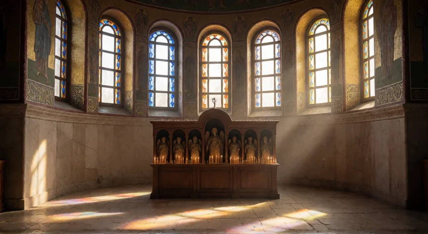 que hicieron los 7 arcangeles, Interior de iglesia con siete nicas dedicadas a los arcángeles iluminadas por luz natural