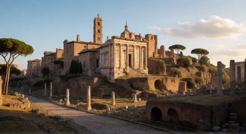 Vista del antiguo Foro Romano con el Capitolino al fondo, escenario de los siete reyes