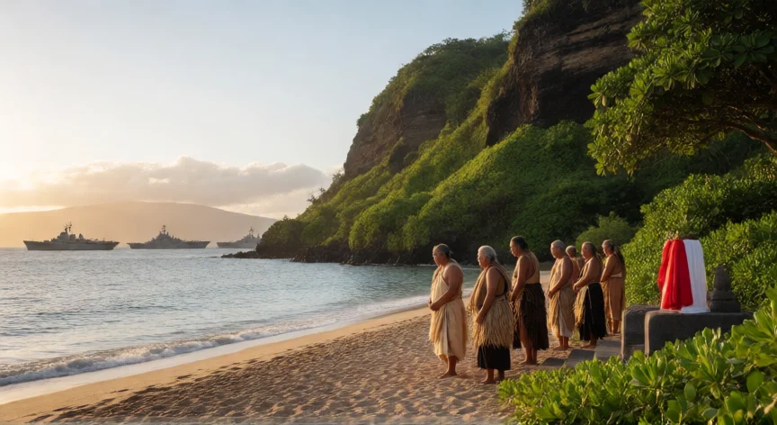 que hicieron los americanos con hawaii, Ancianos hawaianos en una playa con vistas a Pearl Harbor, memoria y cultura nativa