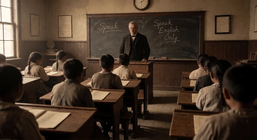 que hicieron los americanos con.los indios, Escena recreada de una escuela internado para niños nativos, prohibición de lengua y cultura