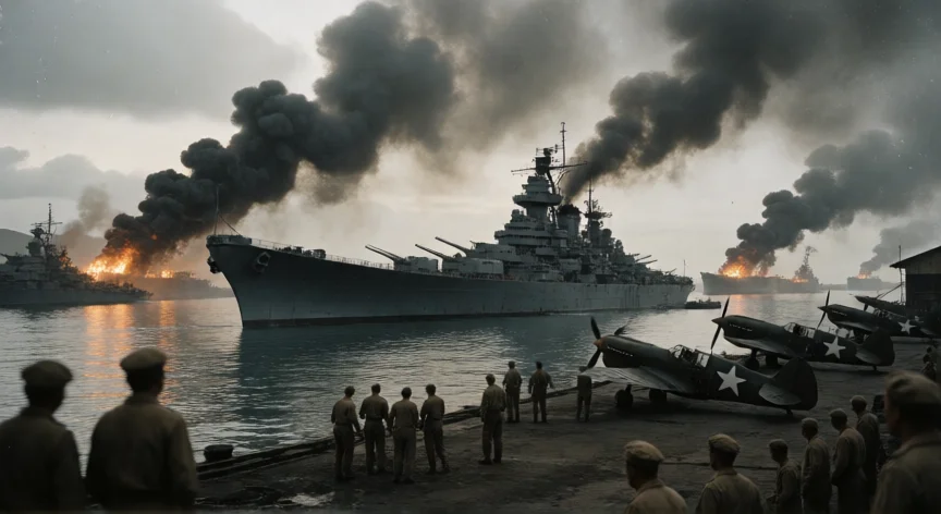 Incendios y destrucción en la bahía de Pearl Harbor tras el ataque japonés de diciembre de 1941