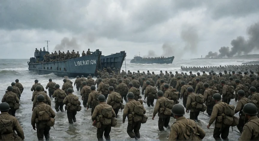 que hicieron los americanos despues de pearl harbor, Desembarco aliado en Normandía (D-Day), junio de 1944, tropas estadounidenses avanzando por la playa