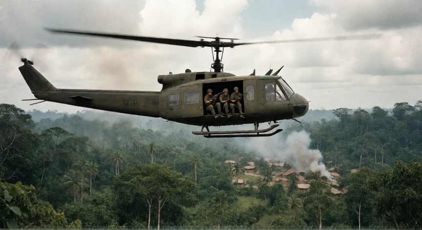 Helicóptero militar estadounidense sobrevolando la selva vietnamita durante la guerra