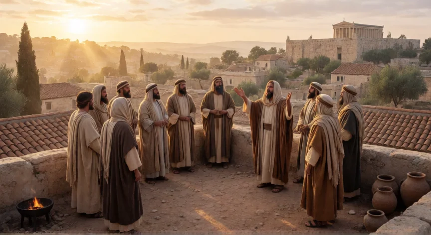 que hicieron los apostoles despues de pentecostes, Apóstoles predicando en Jerusalén tras Pentecostés sobre un tejado al amanecer