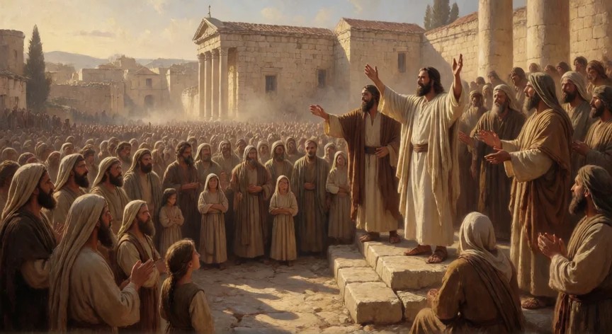 que hicieron los apostoles tras la muerte de jesus, Predicación apostólica ante multitudes en la plaza de Jerusalén después de Pentecostés