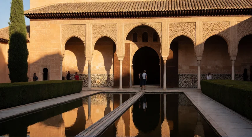 que hicieron los arabes en españa, Patio de los Arrayanes en la Alhambra de Granada al atardecer