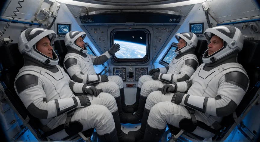 que hicieron los astronautas de artemis 2, Astronautas de Artemis 2 a bordo del módulo Orion con la Tierra y la Luna visibles por la ventana