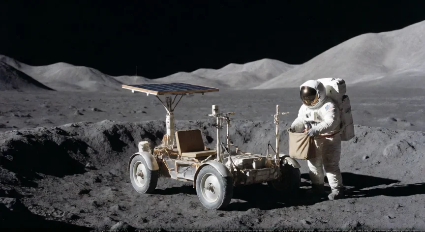 que hicieron los astronautas en la luna, Rover lunar y astronauta explorando un cañón en la superficie de la Luna