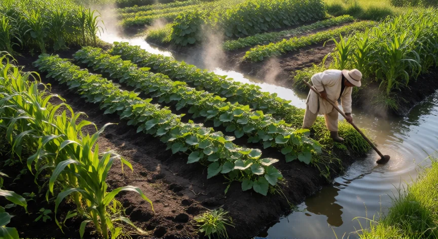 que hicieron los aztecas, Sistema de chinampas aztecas con cultivos de maíz y frijol en parcelas flotantes del lago