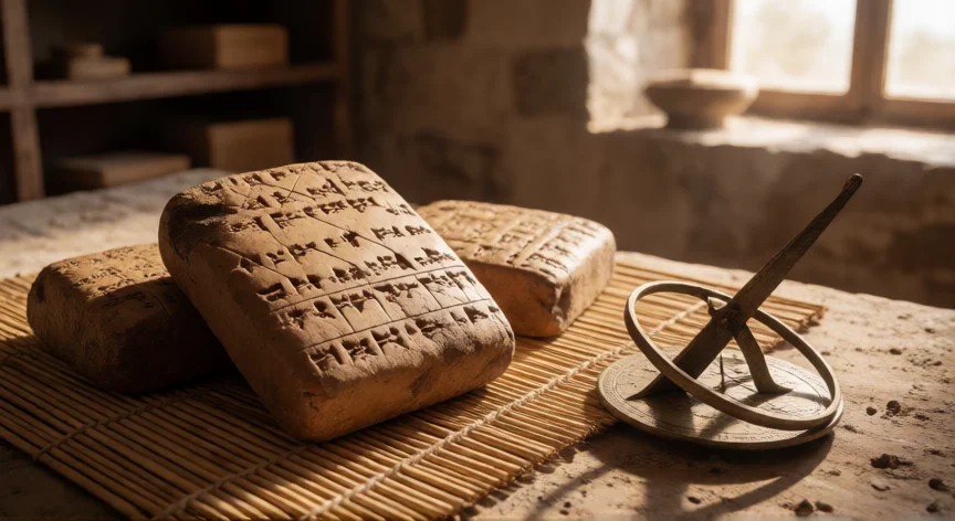que hicieron los babilonia para conocer los cuerpos celestes, Tablillas cuneiformes con registros astronómicos babilonios e instrumentos de medición antiguos