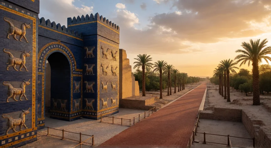 que hicieron los babilonios, Puerta de Ishtar y Via Sacra de Babilonia recreadas con ladrillos azules y relieves dorados