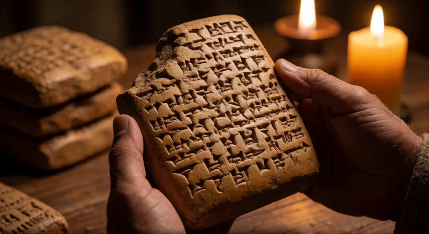 que hicieron los babilonios, Tableta de arcilla babilónica con escritura cuneiforme iluminada por luz cálida
