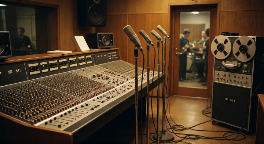 que hicieron los beatles, Estudio de grabación de los años 60 con mesa de mezclas y cinta, ambiente de Abbey Road