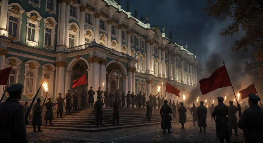 que hicieron los bolcheviques, Soldados bolcheviques ante el Palacio de Invierno durante la Revolución de Octubre de 1917