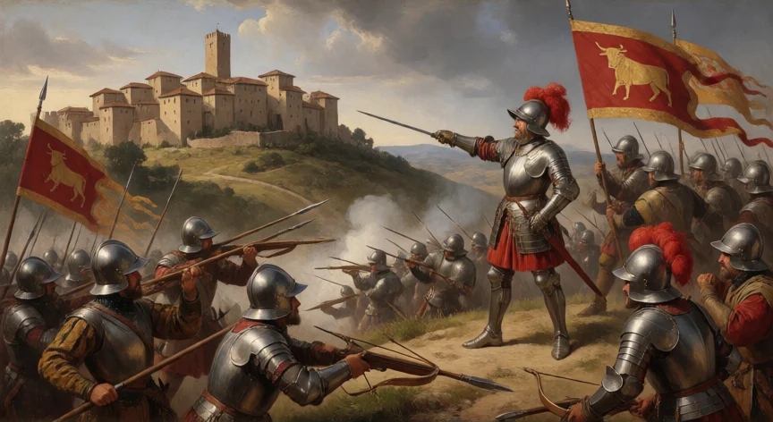 que hicieron los borgia, Cesare Borgia dirigiendo tropas en una campaña militar en Italia central durante el Renacimiento