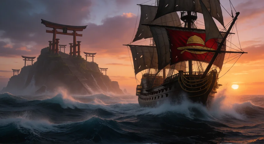 que hicieron los bucaneros one piece, Barco pirata con bandera de sombrero de paja navegando hacia una isla lejana al atardecer