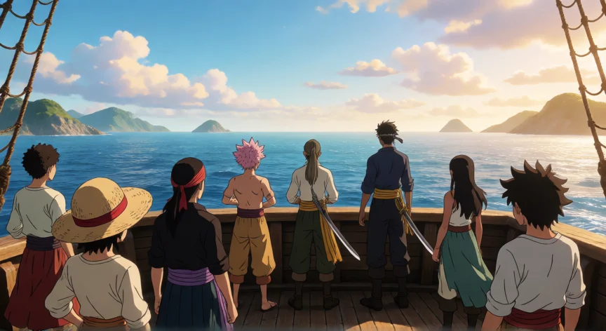 que hicieron los bucaneros one piece, Tripulación pirata contemplando el horizonte oceánico desde la cubierta de su barco