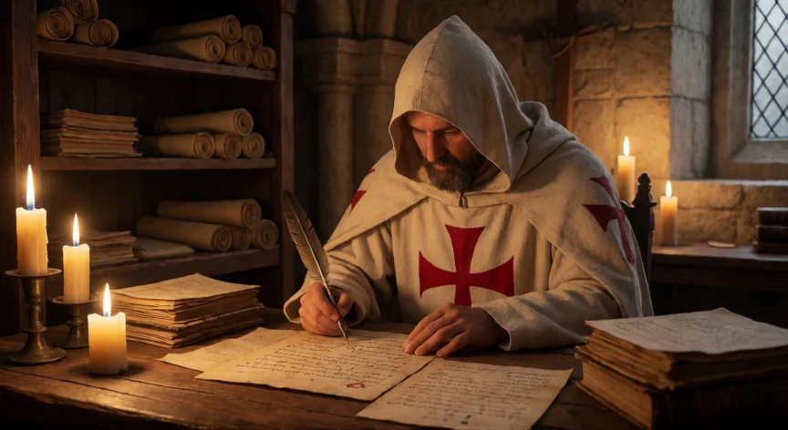 que hicieron los caballeros templarios, Monje templario redactando una carta de crédito en un scriptorium medieval
