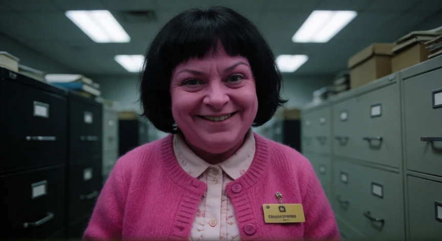 que hicieron los centauros con dolores umbridge, Dolores Umbridge en su oficina con expresión condescendiente.