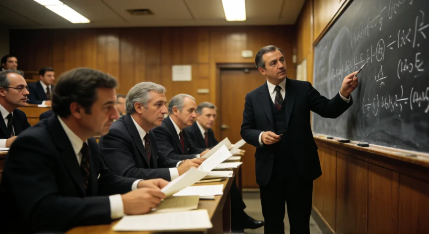 que hicieron los chicago boy en chile, Economistas de la escuela de Chicago en una aula universitaria en los años 70