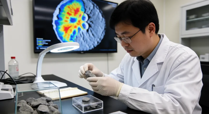 que hicieron los chinos en la luna, Científico chino analizando muestras lunares de la misión Chang'e en laboratorio