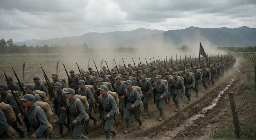 que hicieron los chinos en la segunda guerra mundial, Columna de soldados chinos del Kuomintang avanzando por el campo en 1938 durante la guerra contra Japón