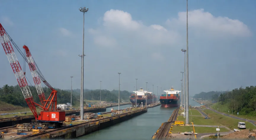 que hicieron los chinos en panama, Barcos de carga en el Canal de Panamá con grúas de construcción china al fondo