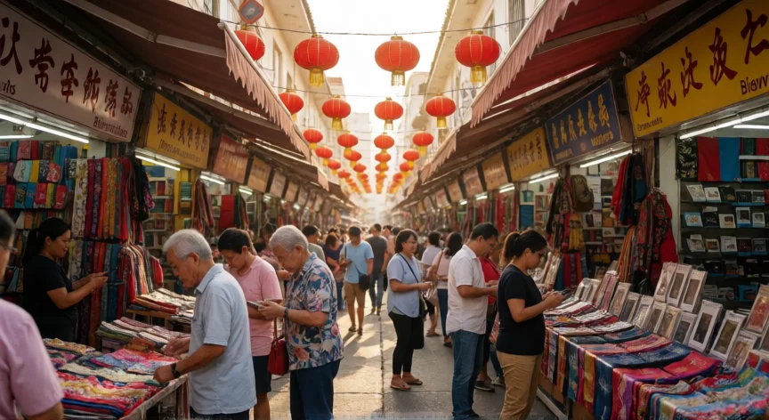 que hicieron los chinos en panama, Distrito comercial chino en la ciudad de Panamá con faroles y tiendas