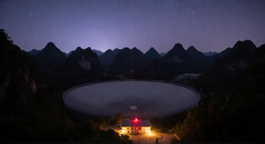 qué hicieron los chinos para conocer el universo, Radiotelescopio FAST en Guizhou, China, iluminado de noche entre montañas kársticas