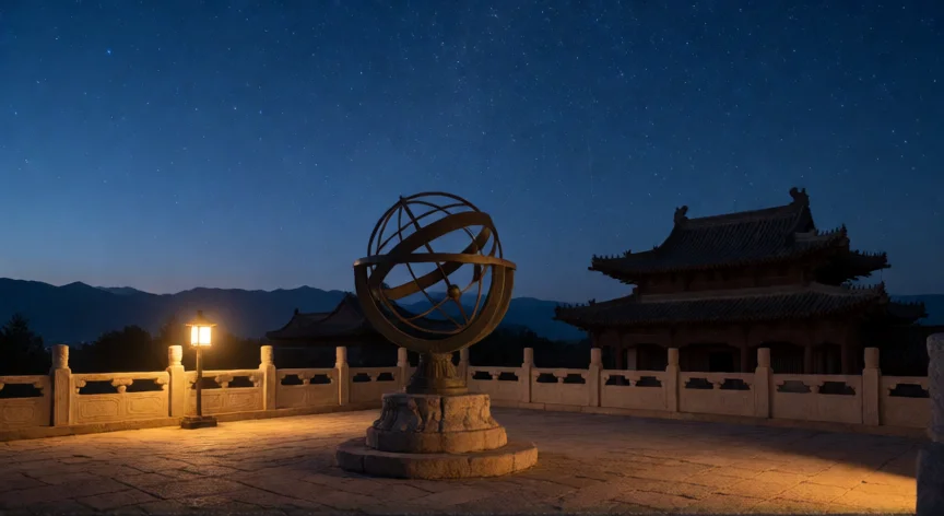 que hicieron los chinos para conocer los cuerpos celestes, Observatorio astronómico chino antiguo con esfera armilar bajo el cielo estrellado