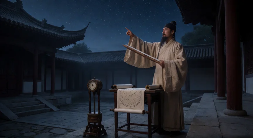 que hicieron los chinos para conocer los cuerpos celestes, Astrónomo chino antiguo observando las estrellas con instrumentos de medición